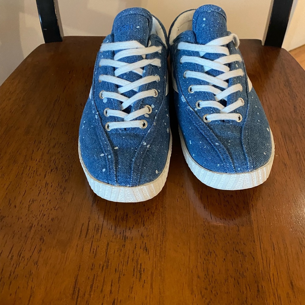 Tretorn Nylite Plus Sneakers in Paint-Splattered Denim.